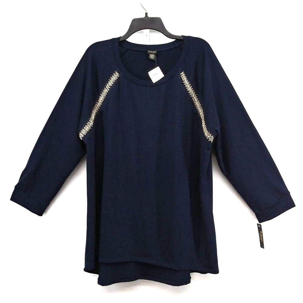La Vanya Blouse Womens Size 3X Dark Blue 3/4 Sleeve Beaded Scoop Neck Top